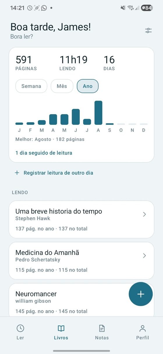 Início — seus minutos, suas sessões e os livros em andamento