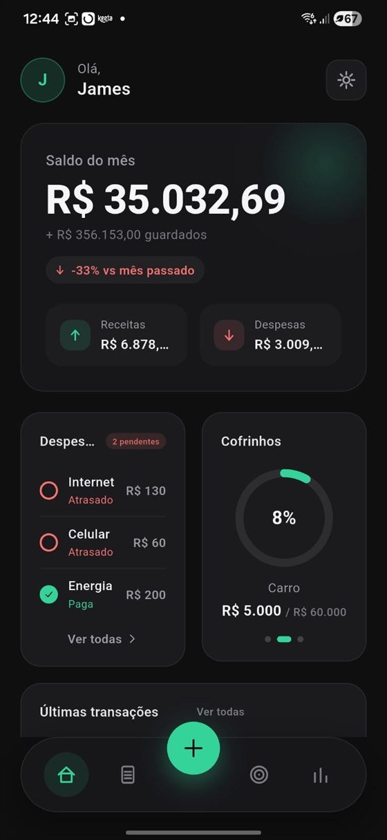 Home — saldo do mês em destaque, o quanto está guardado, receitas e despesas, contas fixas, cofrinhos e as últimas transações